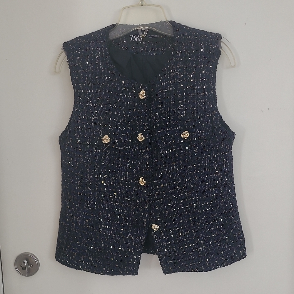 Zara Dark Blue Tweed Vest with Gold Accents. New Without Tag.
